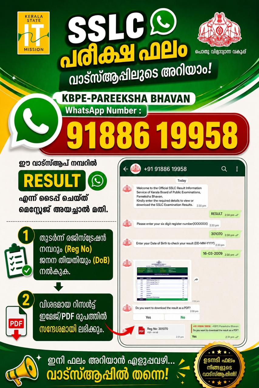 ഈ വര്‍ഷത്തെ  എസ്.എസ്.എൽ.സി പരീക്ഷാഫലം മേയ് 15  വെള്ളിയാഴ്ച ഉച്ചതിരിഞ്ഞ് 3 മണിക്ക്