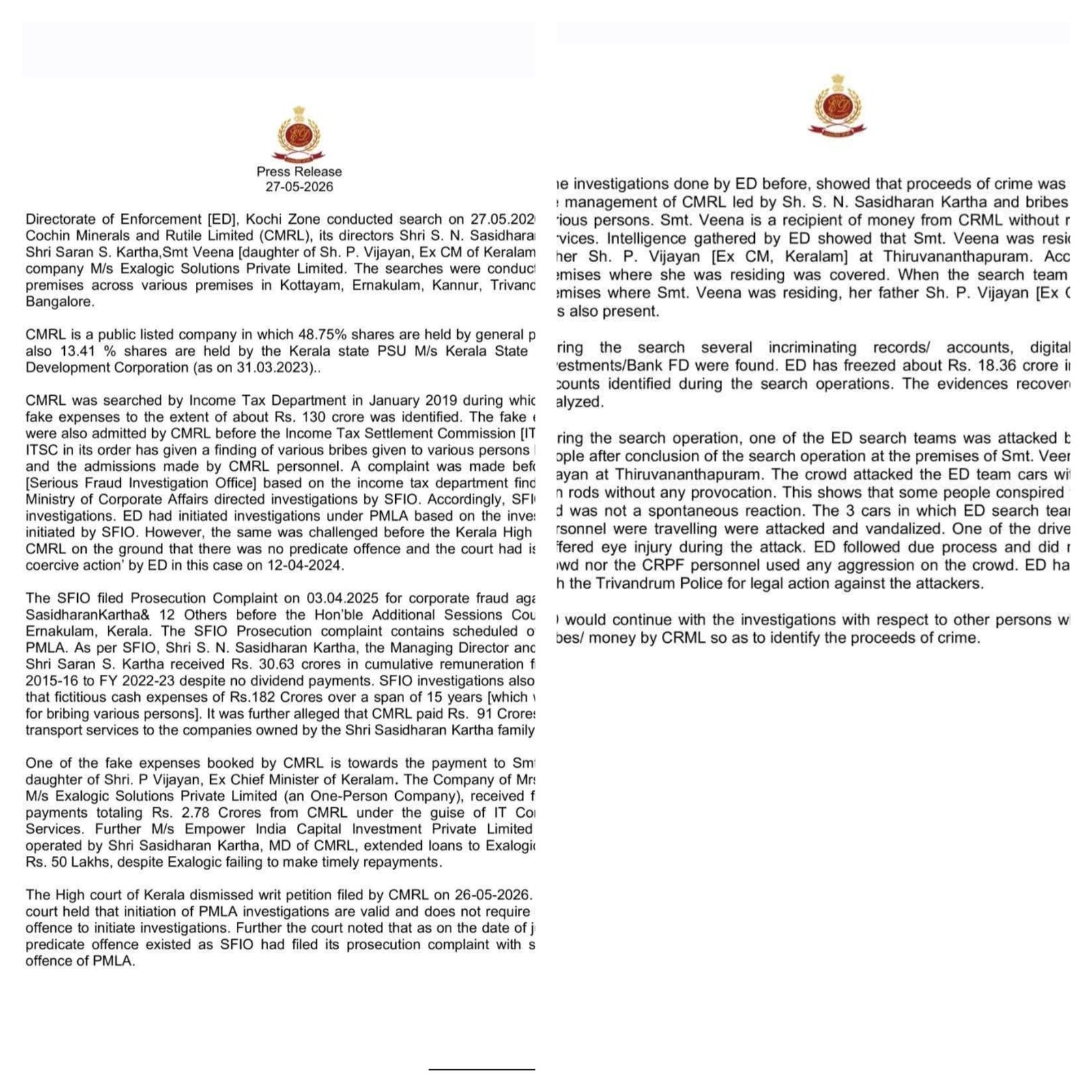 ED യുടെ പ്രസ് റിലീസ് – മലയാളം സംഗ്രഹം