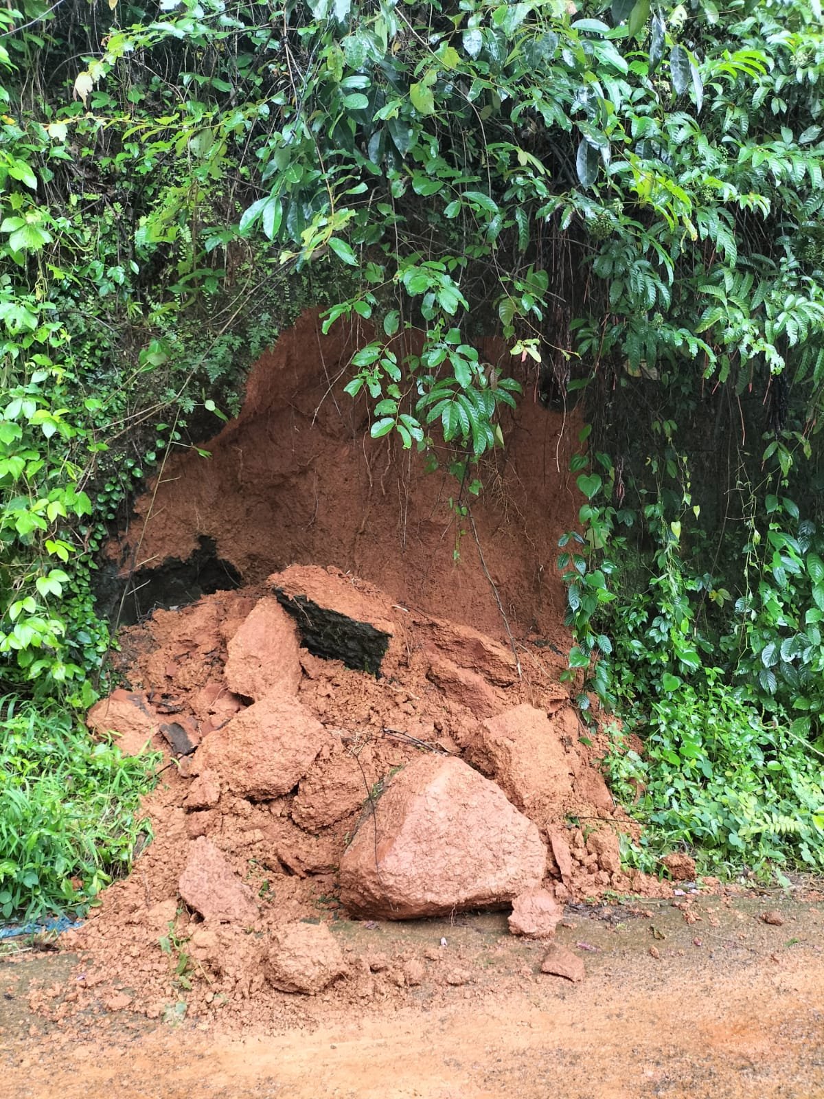 *റോഡരികിലെ ഒളവിലം ചെങ്ങര പറമ്പിന്റെ താഴ്ഭാഗം ഇടിഞ്ഞു വീണു. അപകട ഭീഷണി.*